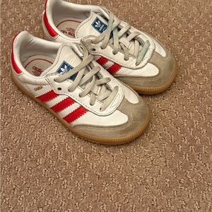 Adidas Kids Samba Red, White, and Gray Sneakers